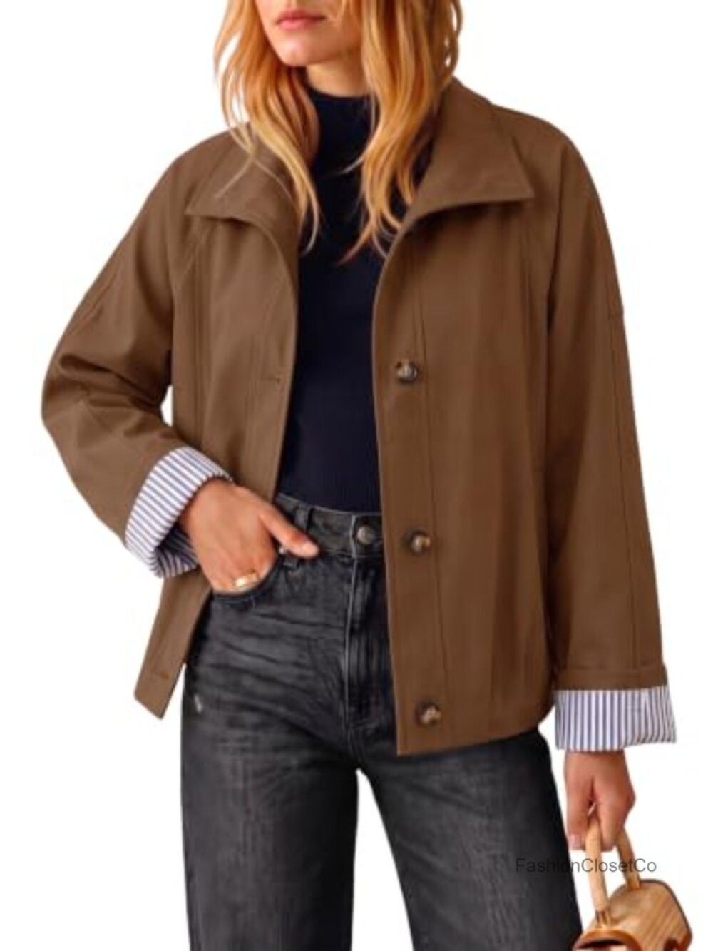 Cropped Trench Coat Oversized Fit with Stripe Lining Women Lightweight